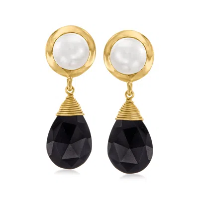 Ross-simons 7.5-8mm Cultured Pearl And Black Onyx Drop Earrings In 18kt Gold Over Sterling
