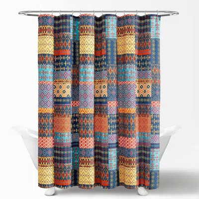 Hivvago 72-inch Navy Blue Orange Yellow Teal Boho Patchwork Polyester Shower Curtain