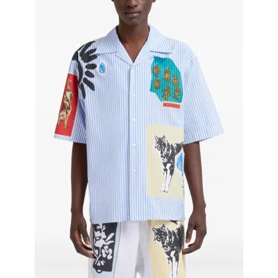 Marni Striped Short Sleeve Shirt With Graphic Patches In Blue