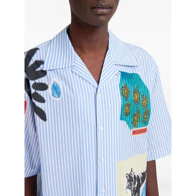 Marni Striped Short Sleeve Shirt With Graphic Patches In Blue