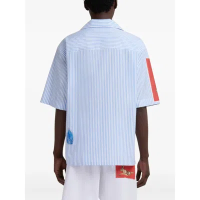 Marni Striped Short Sleeve Shirt With Graphic Patches In Blue