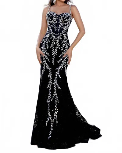 Portia And Scarlett Lace And Crystal Mermaid Gown In Black/silver In Black