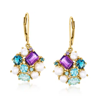 Ross-simons 4-5mm Cultured Pearl And Multi-gemstone Drop Earrings In 18kt Gold Over Sterling