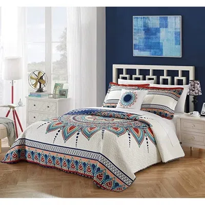 Hivvago Queen Size 4 Piece Cotton Blue White Boho Geometric Reversible Quilt Set In Multi