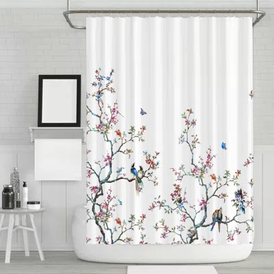 Hivvago 72-in. White Blue Pink Floral Tree Bird Butterfly Japanese Style Shower Curtain In White
