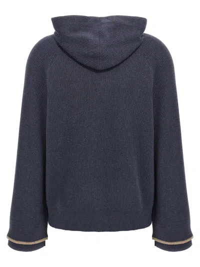 Brunello Cucinelli Ribbed Texture Hooded Sweater With Long Sleeves In Blue