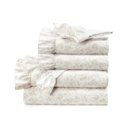 Hivvago Tan White Floral Ruffle Polyester 6 Piece Sheet Set In Neutral