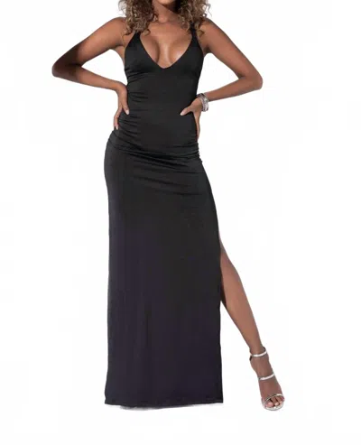 Mapalé Deep V Neckline With Crisscross Straps Long Dress Gown In Black In Black