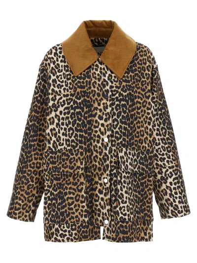 Ganni Leopard Printed Canvas Midi Puffer Jackets Brown In Brown