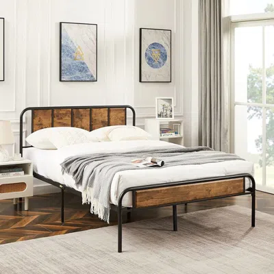 Hivvago Queen Industrial Wood Metal Platform Bed Frame With Rounded Headboard Footboard In Brown