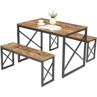 Hivvago Modern Industrial Wood-top Kitchen Dining Table Set With 2 Backless Benches In Brown