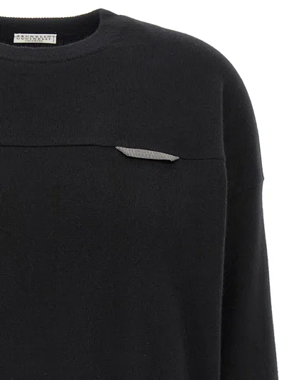 Brunello Cucinelli Cropped Sweater With Crew Neck And Decorative Detail In Black