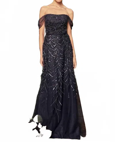 Daymor Off Shoulder A-line Gown In Navy