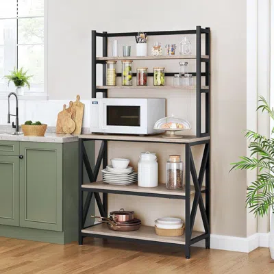 Hivvago Modern Black Metal Grey Wood Bakers Rack Microwave Stand Kitchen Shelving Unit In Black