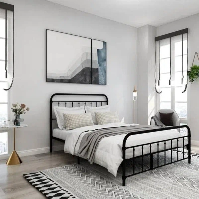 Hivvago Full Size Farmhouse Black Metal Bed Frame With Rounded Headboard Footboard In Black