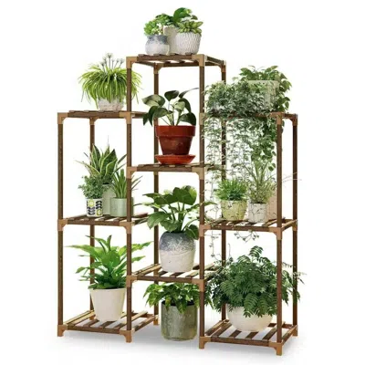 Hivvago Natural Wood Bookcase Plant Stand Shelving Rack - Holds Up To 9 Planters In Brown