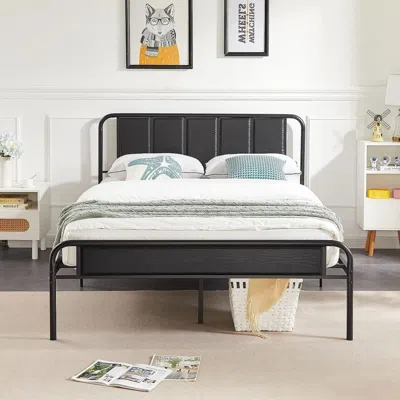 Hivvago Queen Size Black Wood Metal Platform Bed Frame With Rounded Headboard Footboard In Black