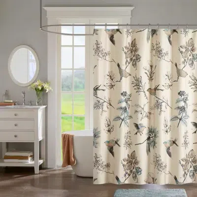 Hivvago 72-inch Beige Khaki Cotton Shower Curtain With Vintage Birds Leaf Floral Print