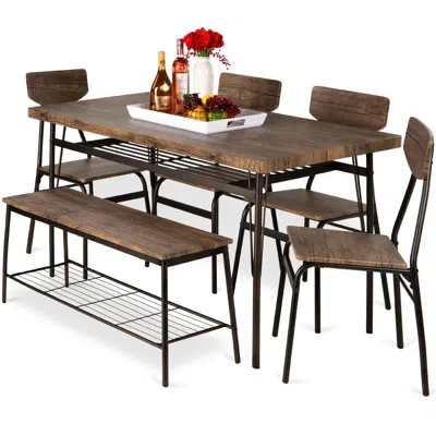 Hivvago Modern 6-piece Dining Set With Brown Wood Top Table 4 Chairs And Storage Bench In Brown