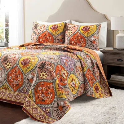 Hivvago Boho Floral Lightweight Cotton Orange Mauve Yellow 3-piece Quilt Set In Multi