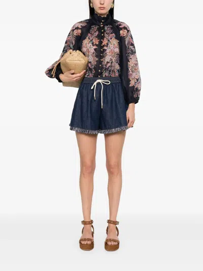 Zimmermann Rhiannon Billow Blue Blouse With High Neck And All-over Paisley Print In Ramie Woman