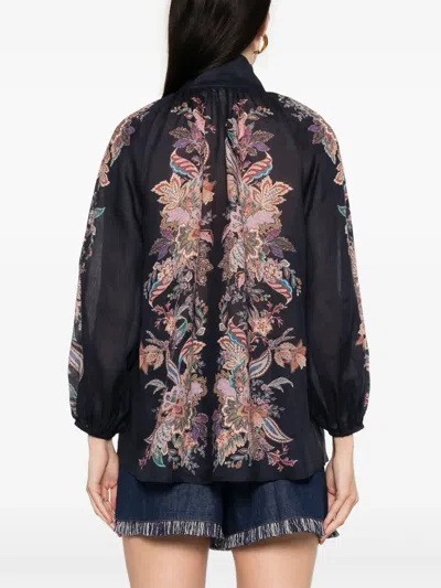Zimmermann Rhiannon Billow Blue Blouse With High Neck And All-over Paisley Print In Ramie Woman