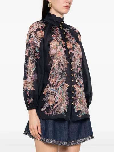 Zimmermann Rhiannon Billow Blue Blouse With High Neck And All-over Paisley Print In Ramie Woman