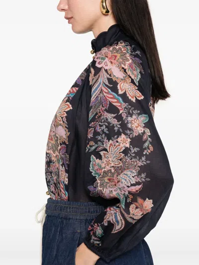 Zimmermann Rhiannon Billow Blue Blouse With High Neck And All-over Paisley Print In Ramie Woman