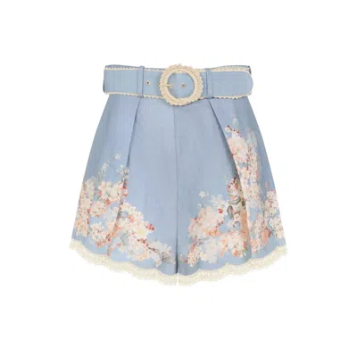 Zimmermann Womens Cascadian Tuck Floral Linen Shorts Teal Blue Botanical