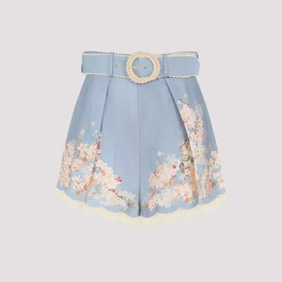 Zimmermann Womens Cascadian Tuck Floral Linen Shorts Teal Blue Botanical