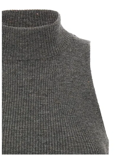Brunello Cucinelli Sleeveless High Neckline Ribbed Top In Gray