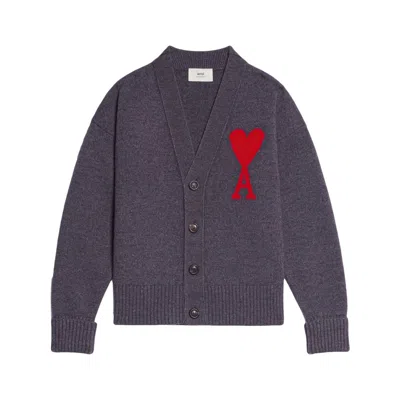 Ami Alexandre Mattiussi Heather Grey Wool Cardigan With Embroidered Logo In Gray