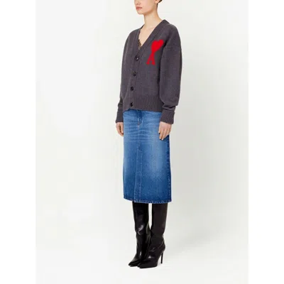 Ami Alexandre Mattiussi Heather Grey Wool Cardigan With Embroidered Logo In Gray