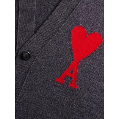 Ami Alexandre Mattiussi Heather Grey Wool Cardigan With Embroidered Logo In Gray