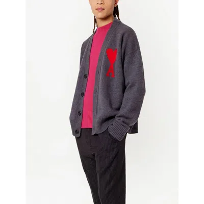 Ami Alexandre Mattiussi Heather Grey Wool Cardigan With Embroidered Logo In Gray