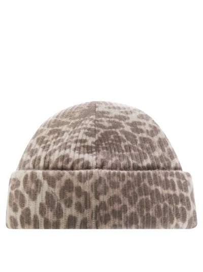 Ganni Graphic Wool Mix Printed Leopard Beanie In Multi