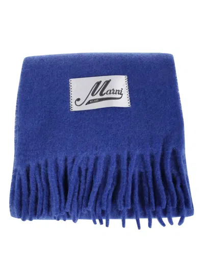 Marni Fringed Blue Scarf With Soft Textured Finish In Blue