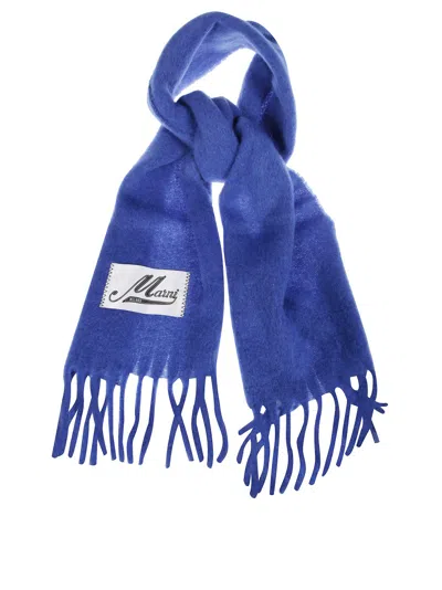 Marni Fringed Blue Scarf With Soft Textured Finish In Blue