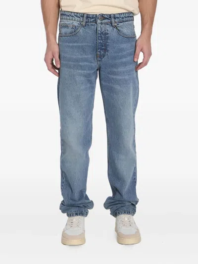Ami Alexandre Mattiussi Ami Straight-leg Denim Jeans With Faded Blue Wash And Leather Accent
