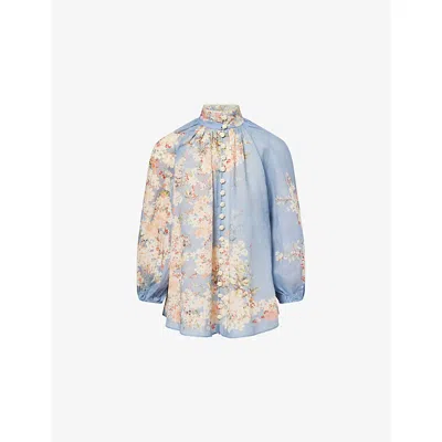 Zimmermann Womens Cascadian Billow Floral Woven Blouse Teal Blue Botanical In Multi