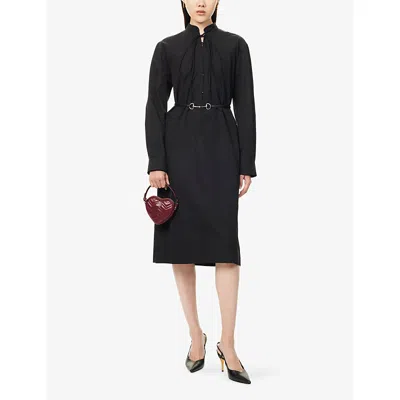 Gucci Womens Belted Band-collar Cotton-poplin Midi Dress Black