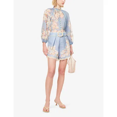 Zimmermann Womens Cascadian Tuck Floral Linen Shorts Teal Blue Botanical In Blue