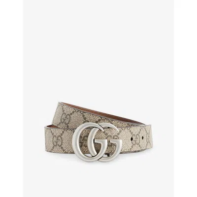 Gucci Logo-buckle Monogram Faux-leather Belt Beige Ebony In Brown