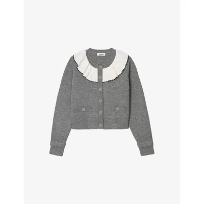 Sandro Womens Contrast-collar Button-down Knitted Cardigan Grey