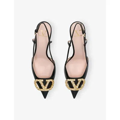 Valentino Sling Back Vlogo Signature T. 80 Vintage Brass Logo Jewel In Black