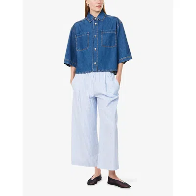 Weekend Max Mara Omens Fleur Striped Cotton-poplin Trousers Light Blue In Blue