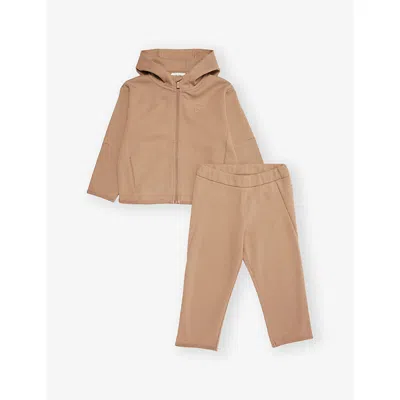 Emporio Armani Logo-embroidered Regular-fit Cotton-jersey Tracksuit 9-36 Months Fungi In Brown