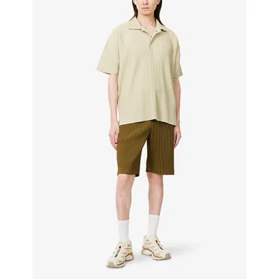 Issey Miyake Ns May V-neck Regular-fit Knitted Polo Shirt Dry Grass Green In Neutral