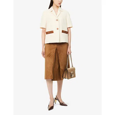 Gucci Womens Horsebit Pleated Suede Midi Skirt Cuir