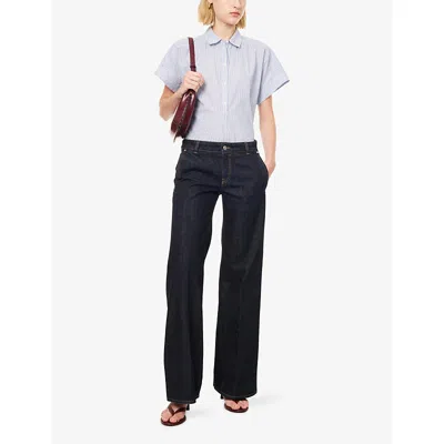 Me And Em And Em Womens Striped Short-sleeves Cotton-poplin Blouse Chambray Blue/soft W